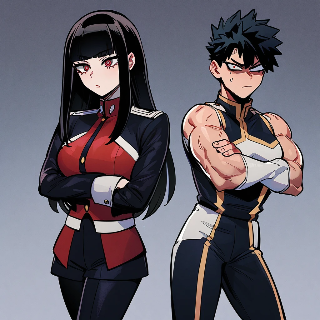 my hero academia uniform, siren eyes, dark red eye color, muscular arms, long jet black hair with bangs, arms crossed, lesbian, dominant, Mole Under Eye, Devil Pupils, Tsundere, faded scare over right eye, tall, nonchalant, 1girl,