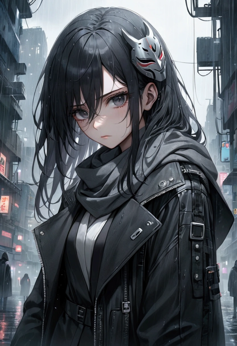 a woman, long black hair, beautiful gray-silver eyes, a black jacket, scar on eye, menacing, gray scarf, a mask, cyberpunk city, gloomy atmosphere, raining