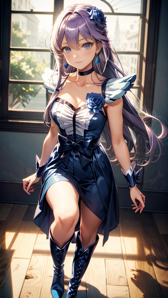 (Highly detailed CG), (Highest quality),((full body))，1 Girl,alone, leotard，Purple Hair，black choker, earrings, blue flower, magical girl, waist bow, cure moonlight dress, jewelry, flower, wrist cuffs, single elbow glove, boots, eyelashes,Perfect Face,  Shiny skin, Wide Hips,Tight waist,Knee-high boots，Elbow Bag,1 Girl, Long Hair, 