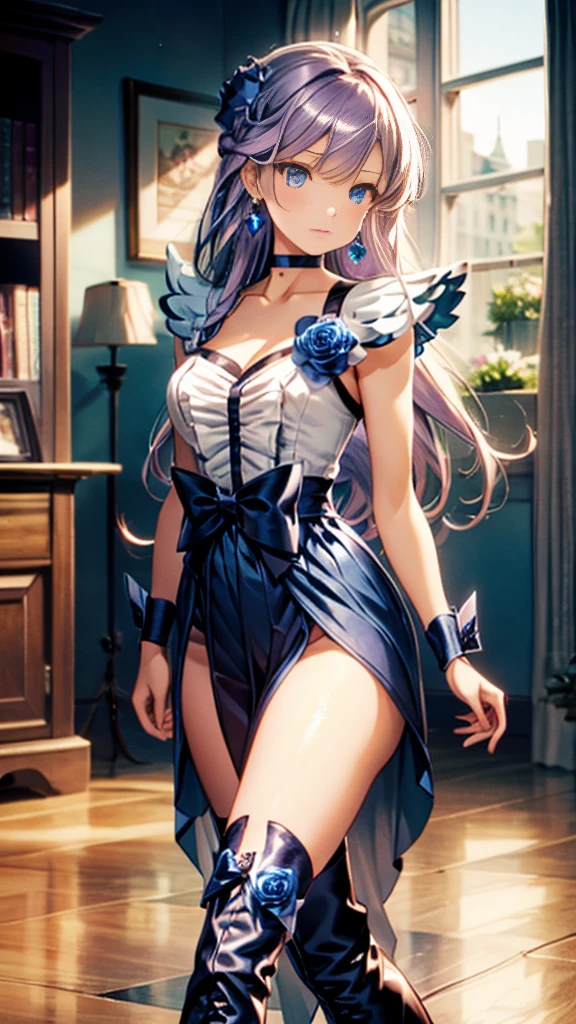 (Highly detailed CG), (Highest quality),((full body))，1 Girl,alone, leotard，Purple Hair，black choker, earrings, blue flower, magical girl, waist bow, cure moonlight dress, jewelry, flower, wrist cuffs, single elbow glove, boots, eyelashes,Perfect Face,  Shiny skin, Wide Hips,Tight waist,Knee-high boots，Elbow Bag,1 Girl, Long Hair, 