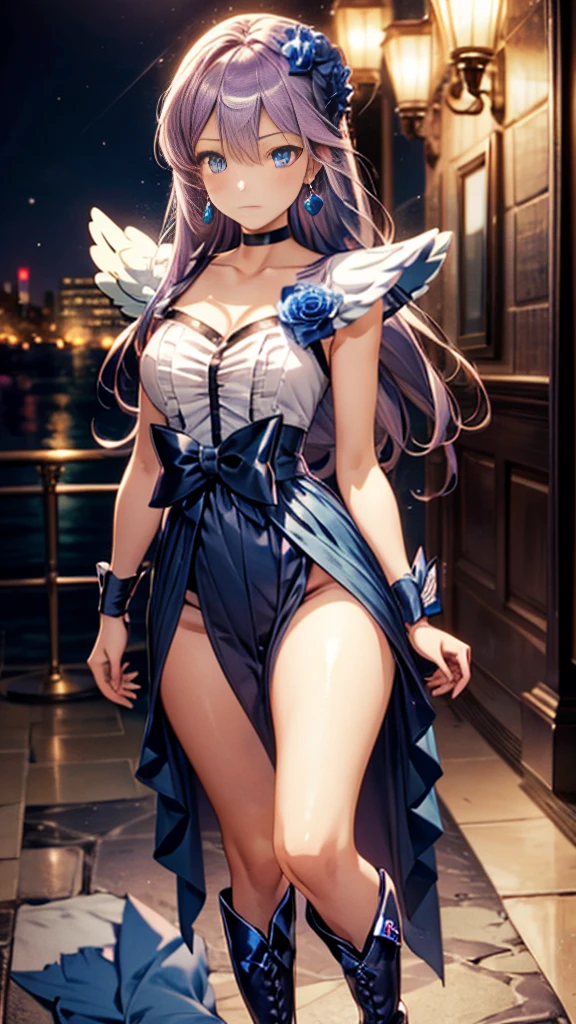 (Highly detailed CG), (Highest quality),((full body))，1 Girl,alone, leotard，Purple Hair，black choker, earrings, blue flower, magical girl, waist bow, cure moonlight dress, jewelry, flower, wrist cuffs, single elbow glove, boots, eyelashes,Perfect Face,  Shiny skin, Wide Hips,Tight waist,Knee-high boots，Elbow Bag,1 Girl, Long Hair, 