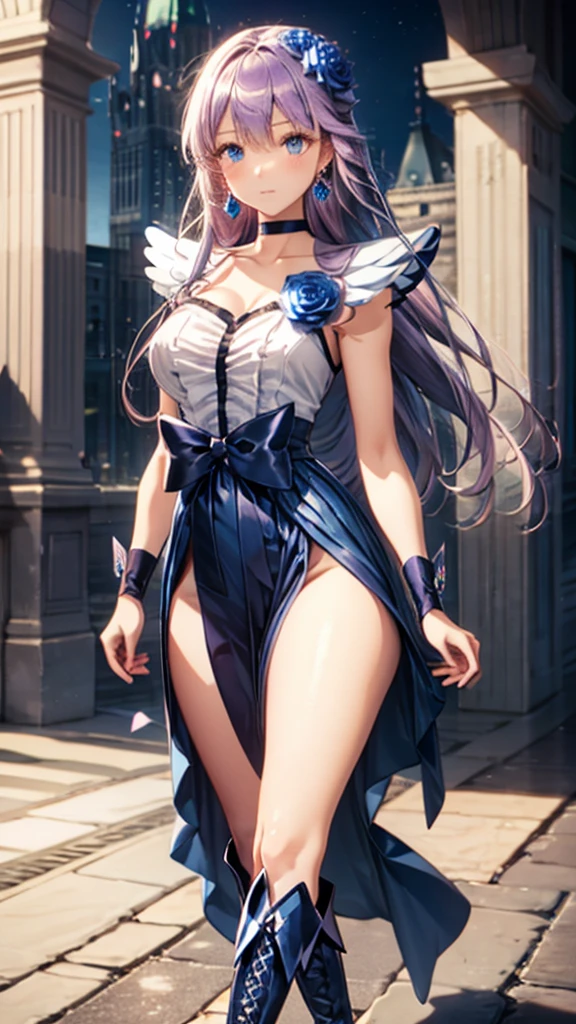 (Highly detailed CG), (Highest quality),((full body))，1 Girl,alone, leotard，Purple Hair，black choker, earrings, blue flower, magical girl, waist bow, cure moonlight dress, jewelry, flower, wrist cuffs, single elbow glove, boots, eyelashes,Perfect Face,  Shiny skin, Wide Hips,Tight waist,Knee-high boots，Elbow Bag,1 Girl, Long Hair, 