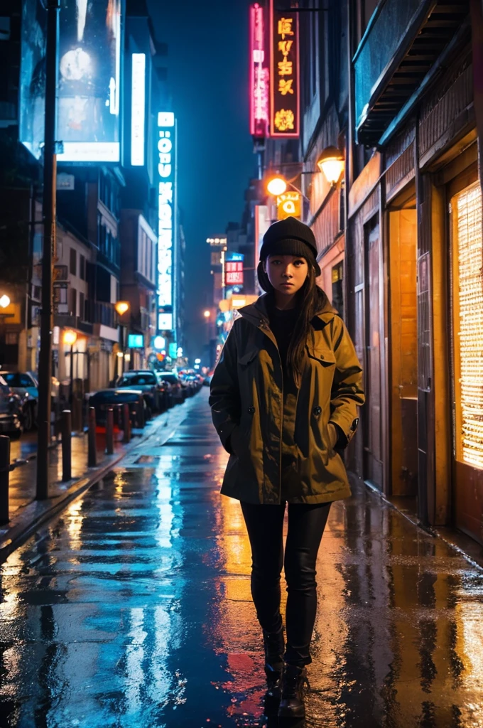 One girl,City of night,rain,coat,Put your hands in your pockets