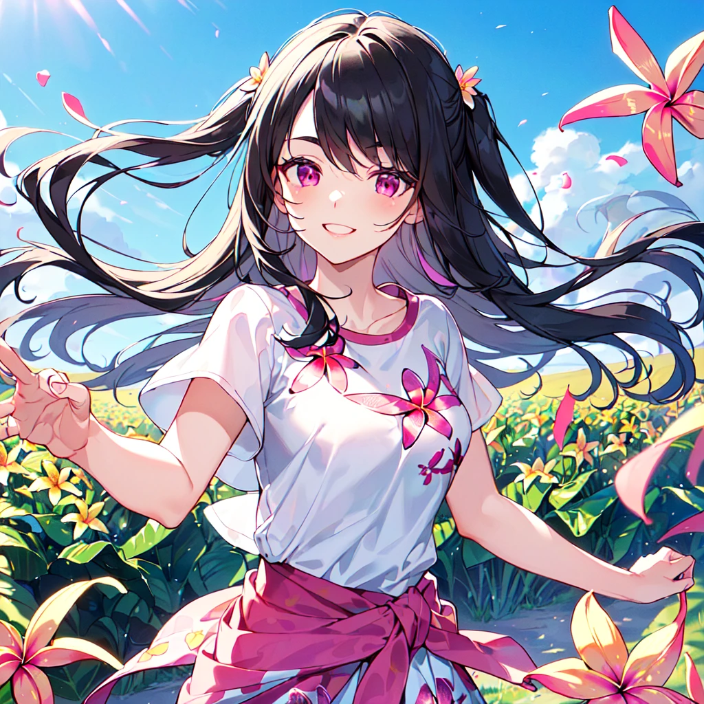 masterpiece, best quality, high quality, extremely detailed, very delicate and beautiful, (1 female 18 years old solo:1.5), (long black hair up to waist with two side up:1.5), bangs to eyebrows, eyes (eyes sharp, strong, glossy, glossy eyebrows, (eye color magenta:1.3), 6.5 head height, (plumeria flower print summer fashion:1.3), knee socks, lace, ruffles, (smiling), (running:1.3), (smiling), (dynamic pose), (background plumeria flower field:1.3), (upper body:1.3)