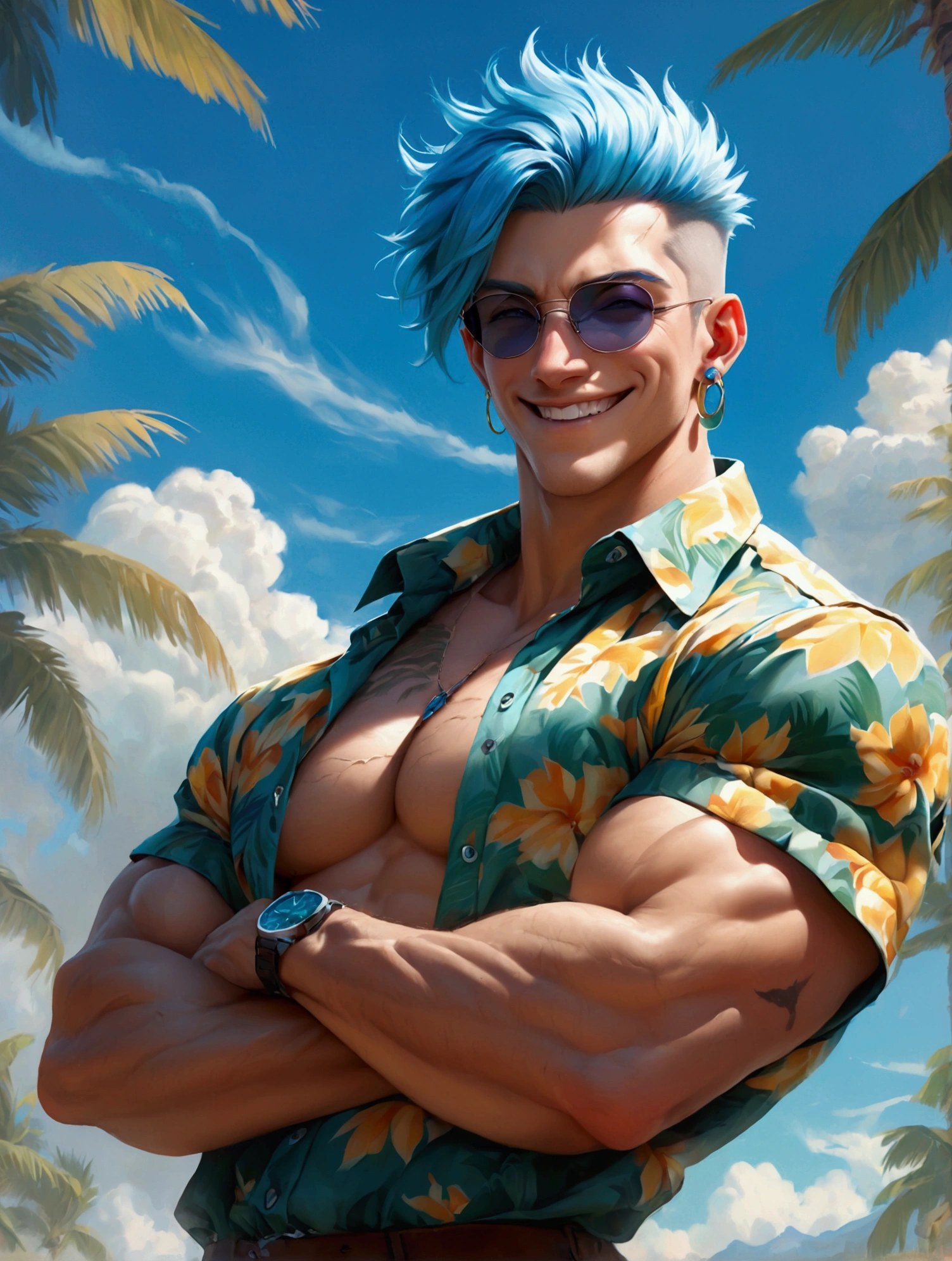 solo, looking at viewer, smile, short hair, shirt, 1boy, jewelry, blue hair, upper body, male focus, earrings, outdoors, open clothes, sky, teeth, solo focus, day, collared shirt, cloud, grin, tree, blue sky, open shirt, tattoo, muscular, facial hair, scar, crossed arms, abs, sunglasses, pectorals, muscular male, bara, large pectorals, watch, mature male, palm tree, stitches, hawaiian shirt