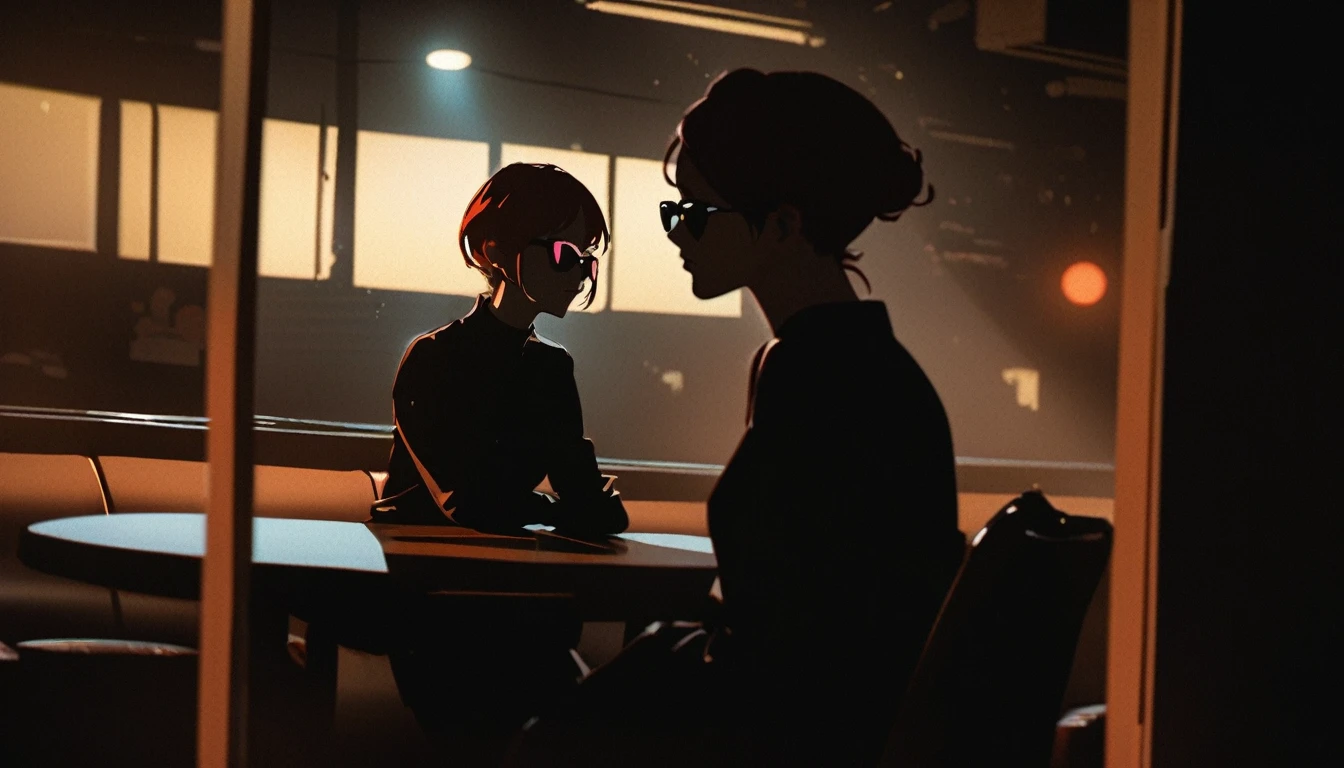 Beautiful Asian redhead sitting in a restaurant at night, visible from the window, perfect face, sunglasses, neon black, (backlit: 1.1), hard shadows, artwork, highest quality, complex, model shooting style, vintage, film grain, incomplete details.