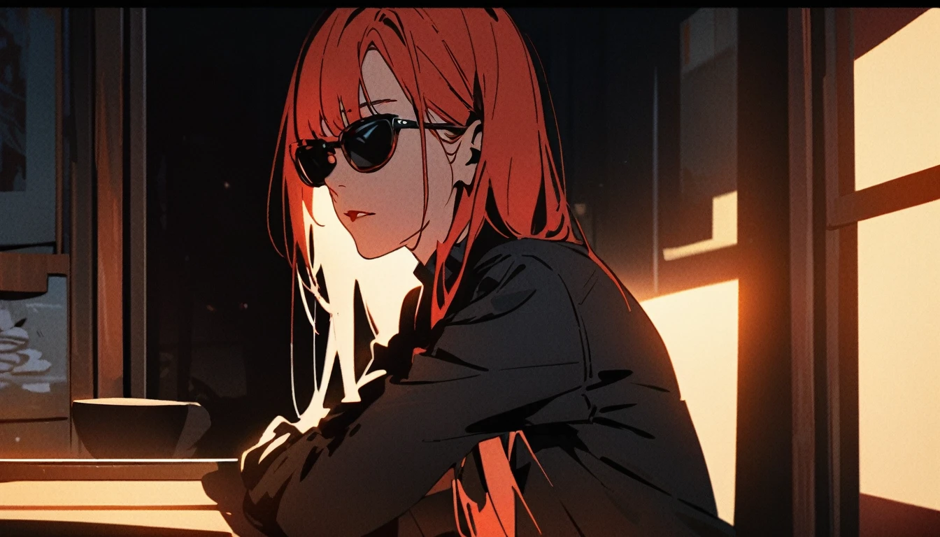 Beautiful Asian redhead sitting in a restaurant at night, visible from the window, perfect face, sunglasses, neon black, (backlit: 1.1), hard shadows, artwork, highest quality, complex, model shooting style, vintage, film grain, incomplete details.