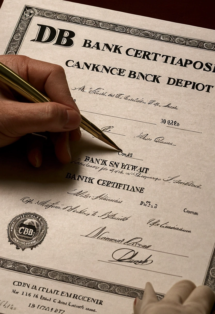 "A close-up shot of a bank certificate of deposit (CDB) contract being signed by a person (mid-30s, focused expression) with a bank logo in the background. --ar 16:9"