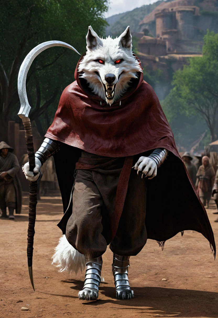 Death (Puss in Boots movie), is an anthropomorphic, silvery-white wolf with an elongated snout, gray mask-like markings on his face, sharp teeth, and glaring, sinister red eyes. He wears a black poncho with a built-in hood, and brown trousers. He also has brownish-gray wraps around his wrists and calves, and carries a pair of razor-sharp sickles that can be combined at the handle and extended to form a double-bladed scythe.