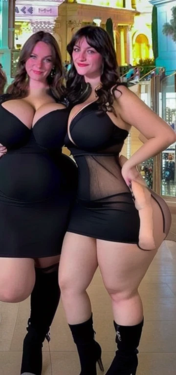 two women posing for a picture in a mall, Big tits, huge , no clothes, sexy, cute, wide hips, thick thighs, pear-shaped body, minimal clothes, thick, thick nipples, nipple piercings, large areola, hard nipples, piercing through shirt, nipples hard through shirt, busty, major cleavage, naked, ripping through top, spilling over sides, bra too tight, giant , dominatrix, dominatrix clothes, revealing clothes, ass so fat you can see it from the front, giant tits, huge ass from side, multiple girls, wide girls, 2 girls with huge tits naked, naked 