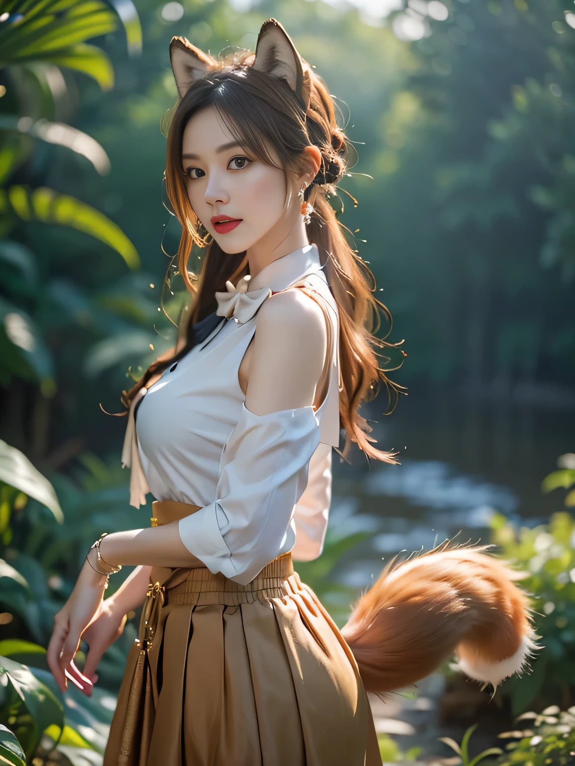 masterpiece, best quality, Ultra DeTailed, RAW photos, (Reality:1.4), High-speed rail Dingyun line, 1 Girl, Solitary, Bangs, (Fox ears), Medium breasts, Garment cutting, cleveage cutout, Animal ears, Fox Girl, brown skirt, ponyTail, bow tie, skirt, (bracelet), Jewelry, cleveage, Separate sleeves, (blue bracelet), White sleeves, shirt, sleeveless shirt, Gold trim, brown skirt, (Tail, fox Tail), earrings, Dynamic Angle, Outdoor deep forest