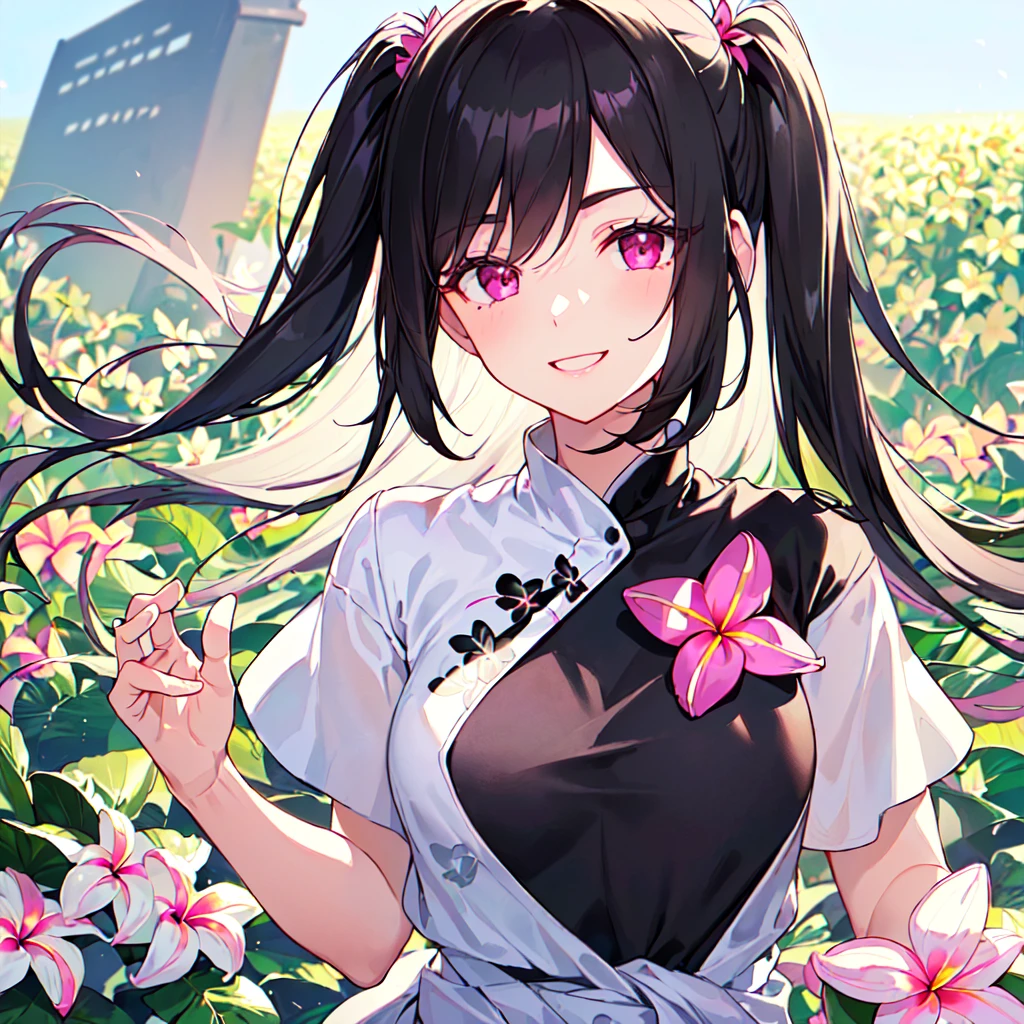 masterpiece, best quality, high quality, extremely detailed, very delicate and beautiful, (1 female 18 years old solo:1.5), (long black hair up to waist with two side up:1.5), bangs to eyebrows, eyes (eyes sharp, strong, glossy, glossy eyebrows, (eye color magenta:1.3), 6.5 head height, (plumeria flower print summer fashion:1.3), knee socks, lace, ruffles, (smiling), (running:1.3), (smiling), (dynamic pose), (background plumeria flower field:1.3), (upper body:1.3)