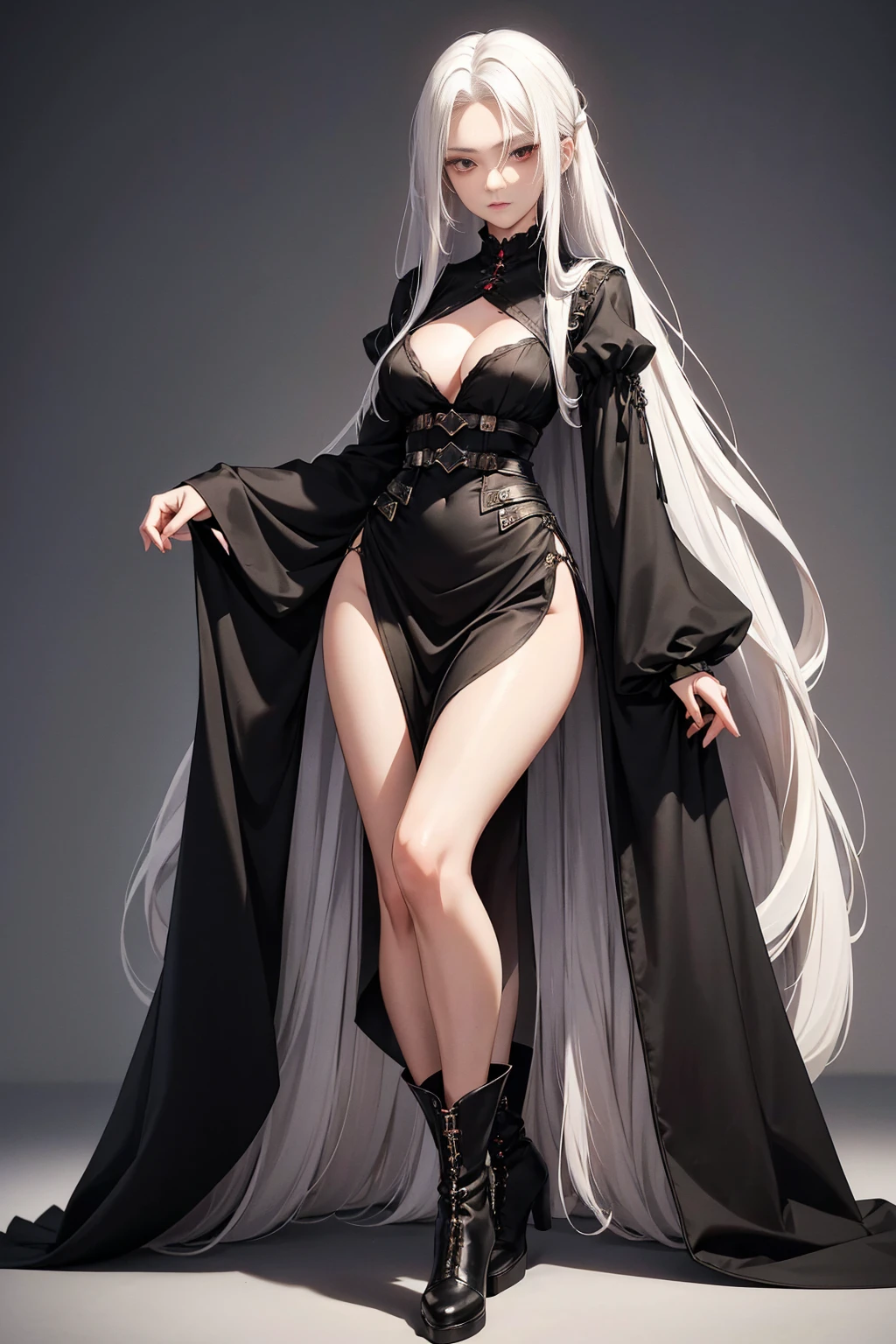 a woman, with long white hair, brown eyes, pale skin, black lipstick, black dress, silver necklace, and wears black high heels