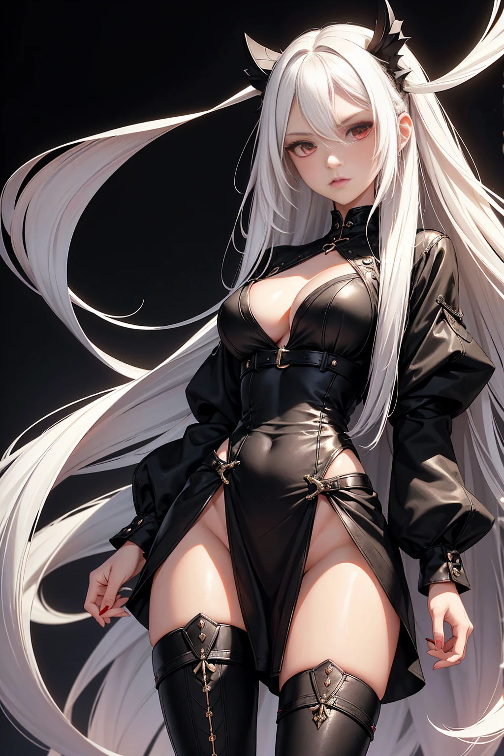 Girl, 20 years old, with long white hair down to below her waist, a serious yet tender expression, and red eyes. Her hair features black streaks. She wears antique-style clothing, a long black dress with a slit on the legs, and high black boots that almost reach her knees. Her power and background are related to shadows and darkness.