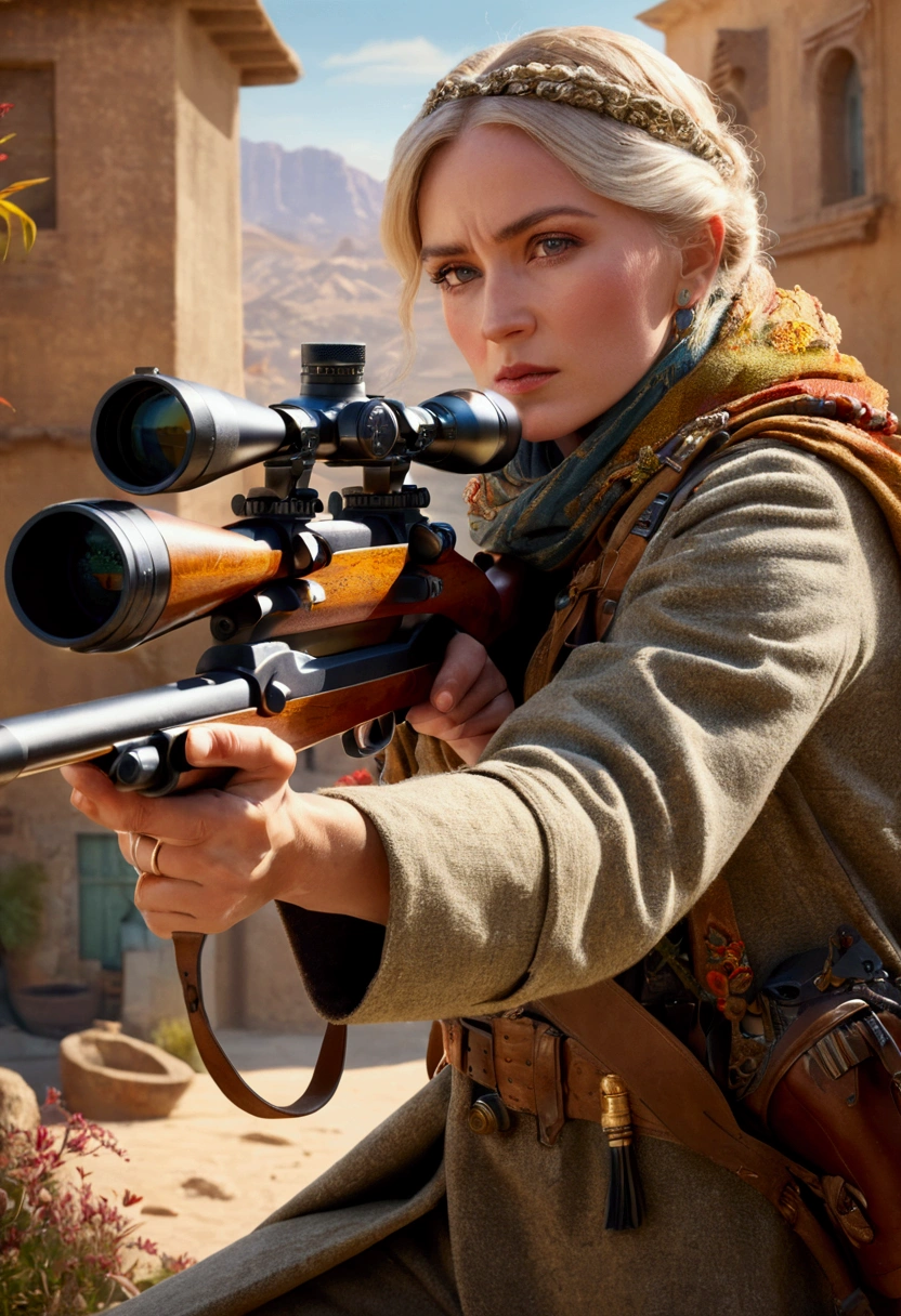 aiming Sniper, by Phil Jimenez, comic style, full body, cinematic still, (best quality, masterpiece), very aesthetic, perfect composition, intricate details, ultra-detailed, vivid colors