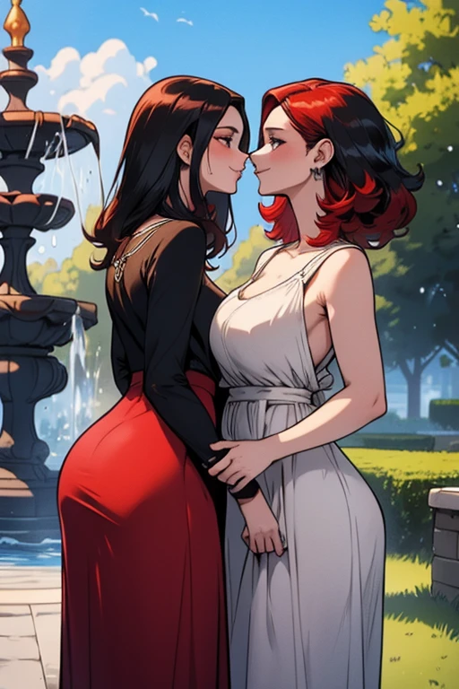 vampire teeth , ((((nighttime))) , 2girls,looking at each other in the eye, long hair , RAW photo, high quality, film grain,simple background, presenting, beautiful, (black and red lined satin cloak tied at the neck:1.20) , biting necks , breasts,big ass, clothes lift,bottomless, moonlit graveyard , (2girls,yuri),