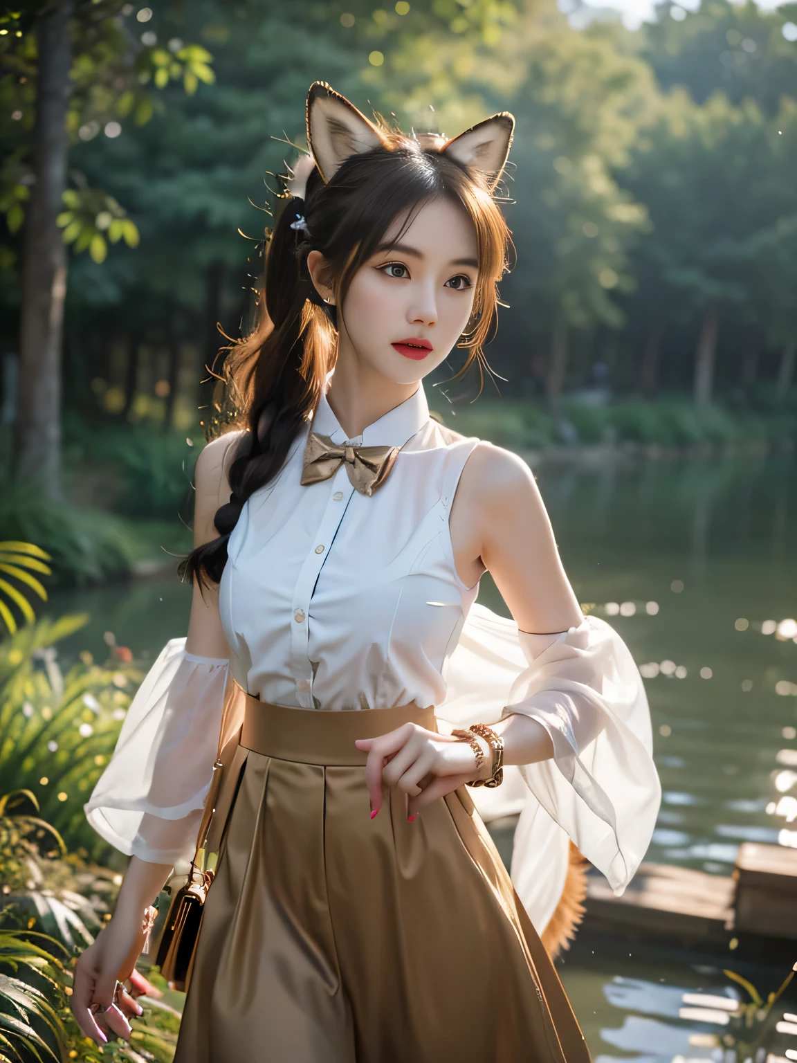 masterpiece, best quality, Ultra DeTailed, RAW photos, (Reality:1.4), High-speed rail Dingyun line, 1 Girl, Solitary, Bangs, (Fox ears), Medium breasts, Garment cutting, cleveage cutout, Animal ears, Fox Girl, brown skirt, ponyTail, bow tie, skirt, (bracelet), Jewelry, cleveage, Separate sleeves, (blue bracelet), White sleeves, shirt, sleeveless shirt, Gold trim, brown skirt, (Tail, fox Tail), earrings, Dynamic Angle, Outdoor deep forest