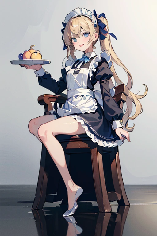 ((Highest quality)), ((masterpiece)), (detailed), (Perfect Face), (detailedなイラスト:1.6), (Ultra-high resolution:1.6), girl, The best smile, cute, Blonde, Small breasts, Black and white maid outfit, Blue ribbon, White apron, Gothic maid outfit, Long, (Sit on the balance ball), Light background, Ball shaped chair