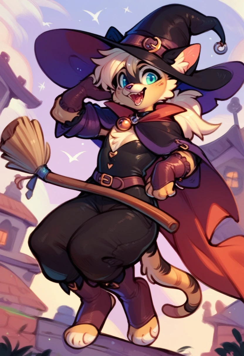 A anthro, small, male, black cat with a witch hat and outfit, holding a broom.