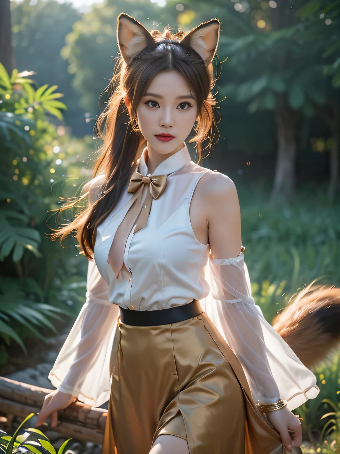 masterpiece, best quality, Ultra DeTailed, RAW photos, (Reality:1.4), High-speed rail Dingyun line, 1 Girl, Solitary, Bangs, (Fox ears), Medium breasts, Garment cutting, cleveage cutout, Animal ears, Fox Girl, brown skirt, ponyTail, bow tie, skirt, (bracelet), Jewelry, cleveage, Separate sleeves, (blue bracelet), White sleeves, shirt, sleeveless shirt, Gold trim, brown skirt, (Tail, fox Tail), earrings, Dynamic Angle, Outdoor deep forest