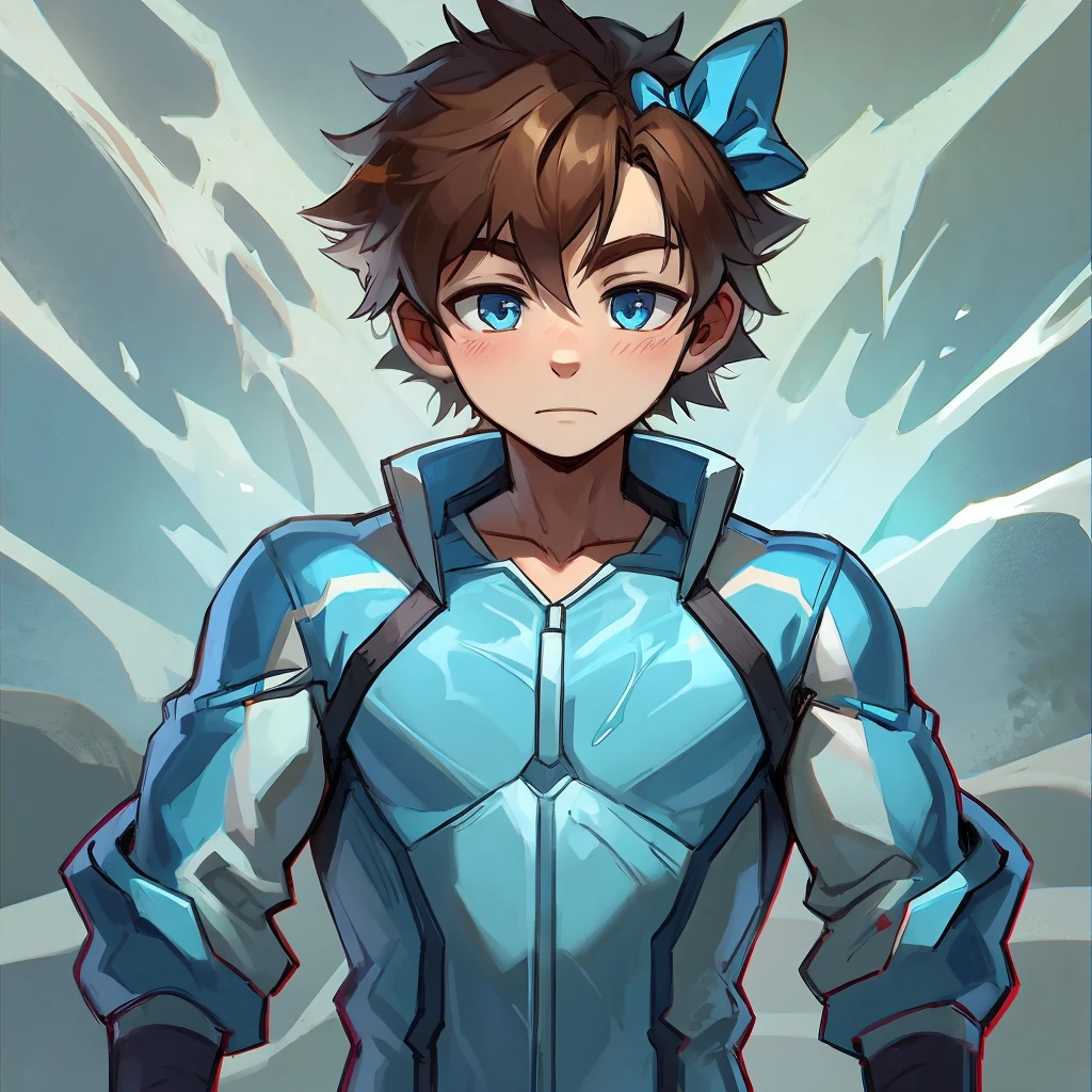 A boy with an ice suit and brown hair and blue ribbon on his chest and ice background