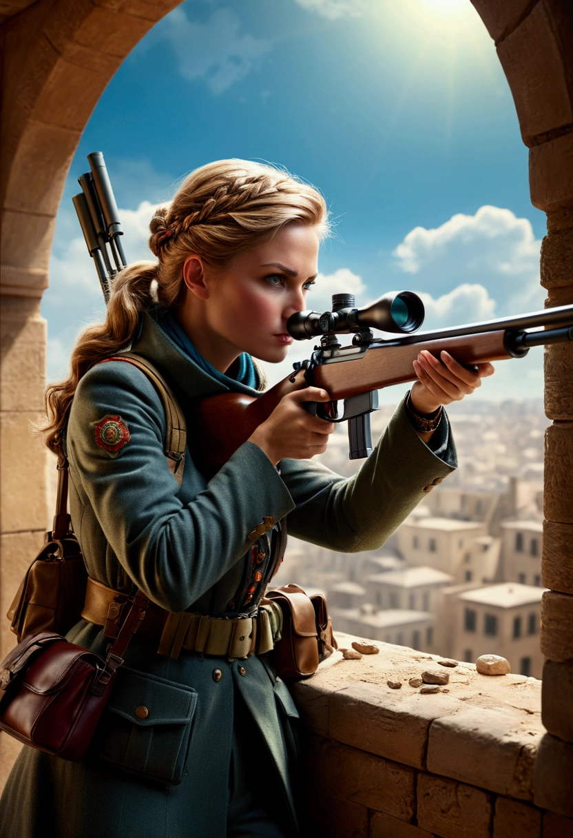 aiming Sniper, by Phil Jimenez, comic style, full body, cinematic still, (best quality, masterpiece), very aesthetic, perfect composition, intricate details, ultra-detailed, vivid colors