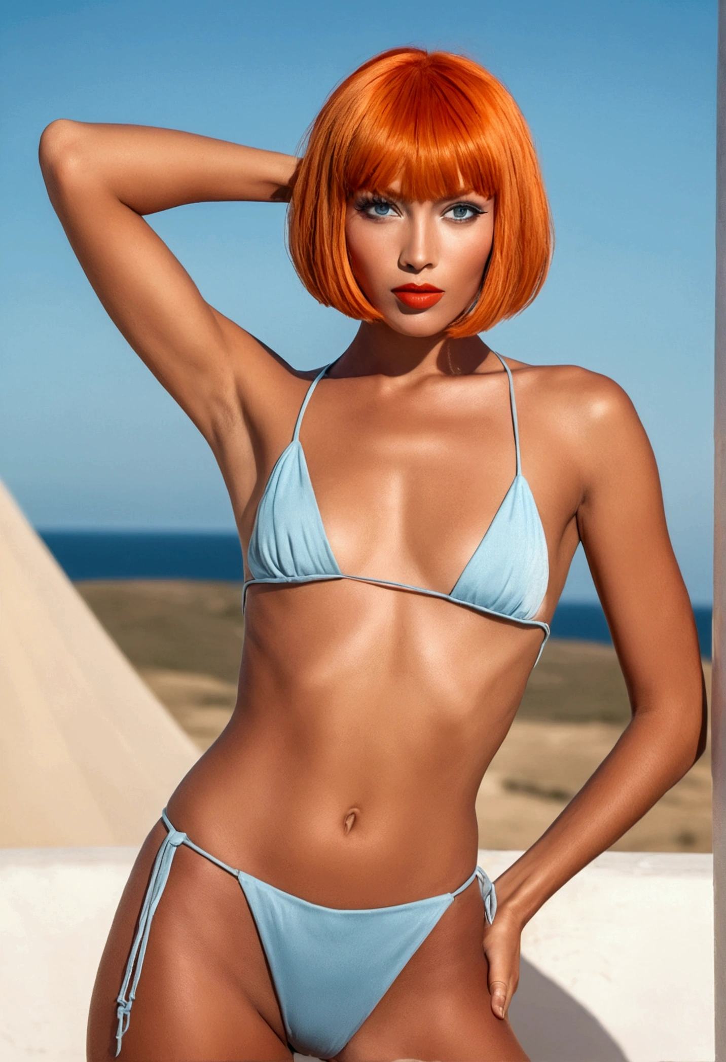 A full body of a tanned woman with an orange bob with open sexy grteen eyes and red lipstick, straight fringe, sweeping long wild orange hair, short straight bangs, with short bangs, orange long hair, orange hair. nude but dressed in a short very sexy deep-cut ice-blue loincloth