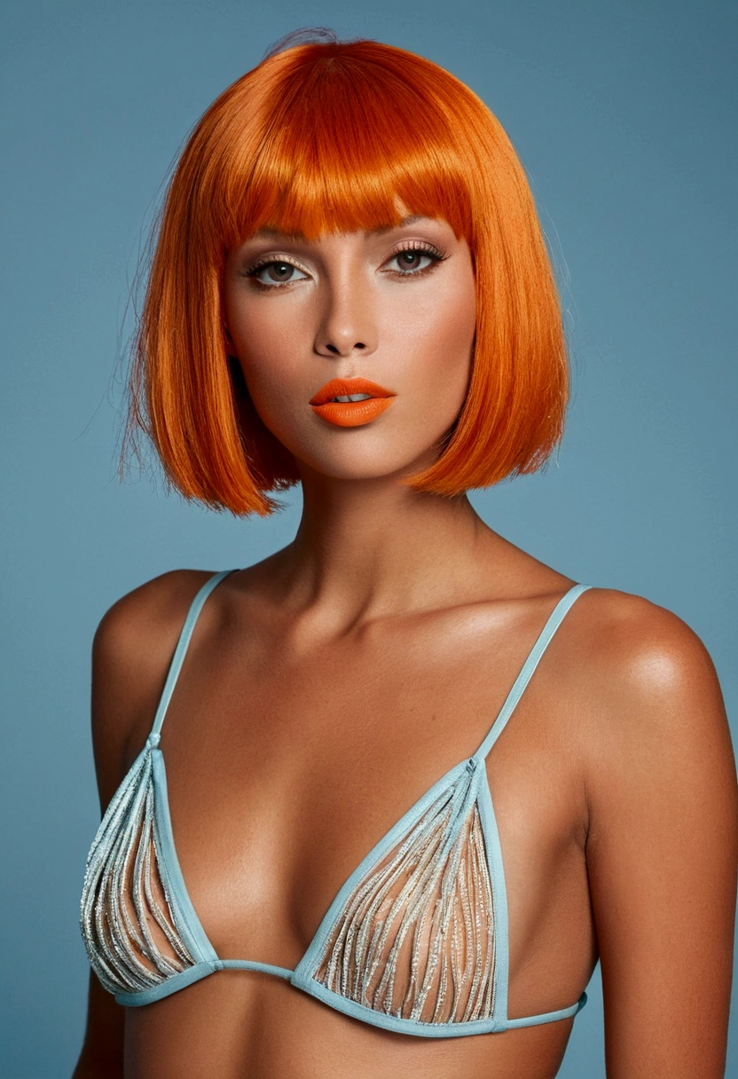 A full body of a tanned woman with an orange bob with open sexy grteen eyes and red lipstick, straight fringe, sweeping long wild orange hair, short straight bangs, with short bangs, orange long hair, orange hair. nude but dressed in a short very sexy deep-cut ice-blue loincloth