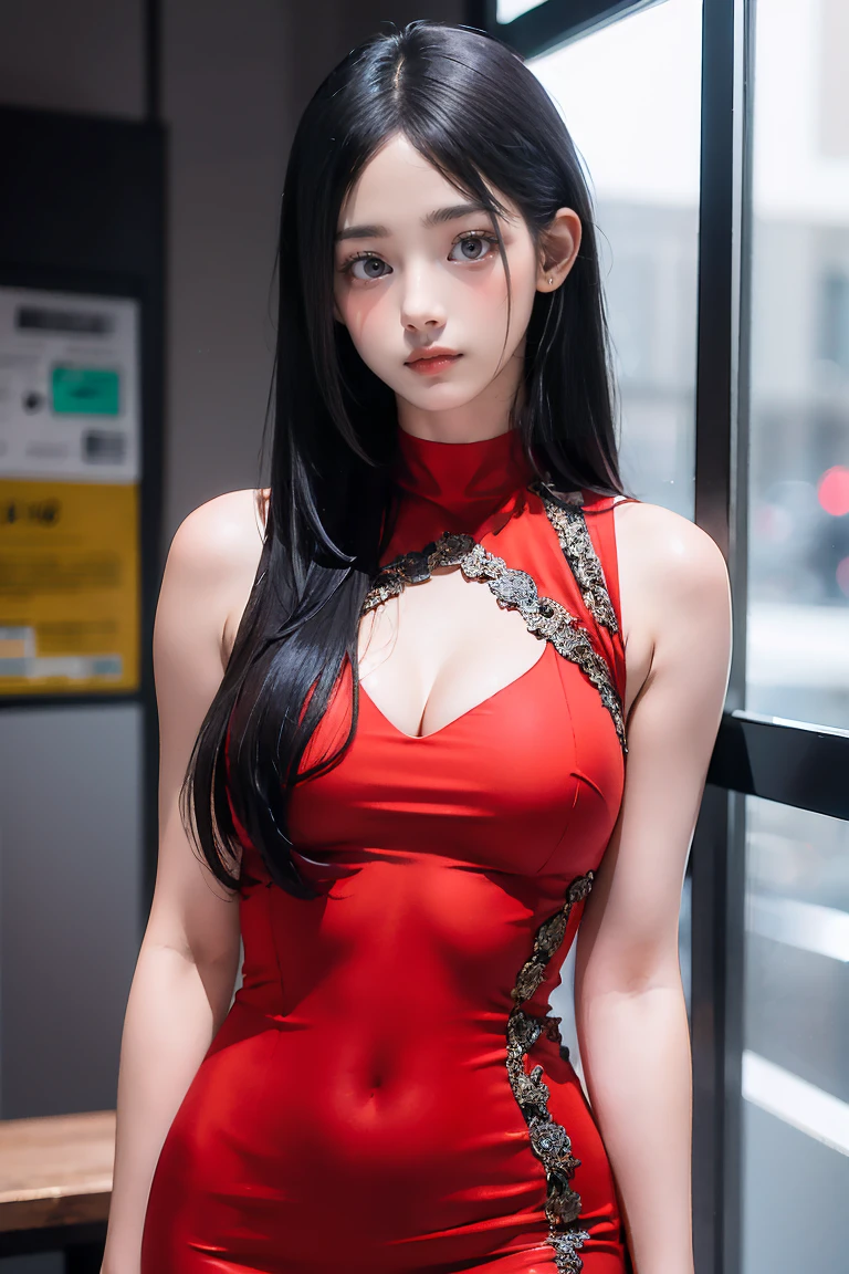 girl, Black Hair, (1980s style), ((Red sleeveless tight dress)), Big Breasts,Long Hair, (Browsing Caution:1.0),背の高いSupermodel、Long-legged Supermodel、Supermodel,((Highest quality、Best image quality、Ultra-high resolution、Ultra-high resolutionで描画、Very beautiful adult Nordic woman、Strong eye highlights)),Browsing Caution,(See through)