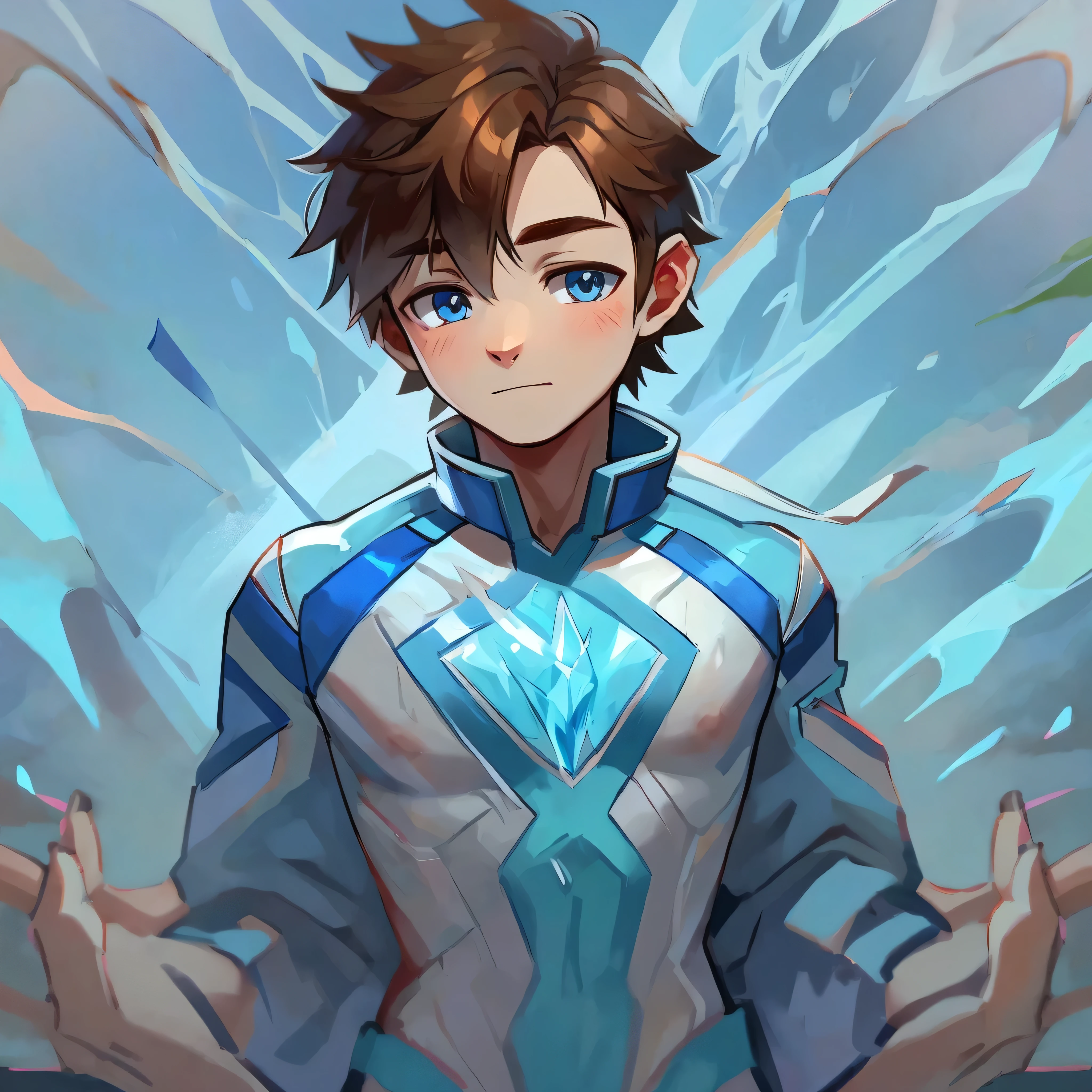 A boy with an ice suit and brown hair and blue ribbon on his chest and ice background