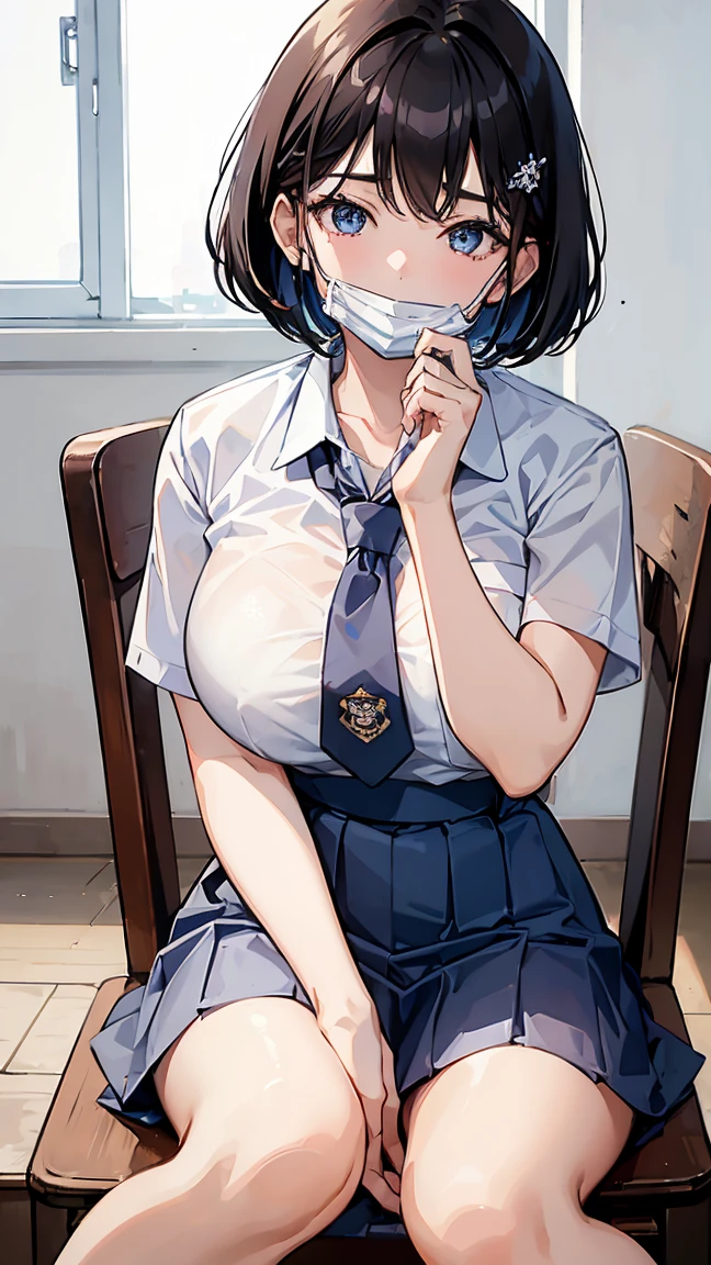 1 woman, 17 years old, (Korean Wolf Cut haircut, black hair), scared face expression, plump body, blue eyes, Indonesian high-school uniform, (wearing transparent white shirt, showing bra), osis logo on shirt pocket, huge XL breasts, light-grey pleated skirt, sitting on a chair, seductive pose, full body shot, smiling, in the classroom, ((white mask_pull)).