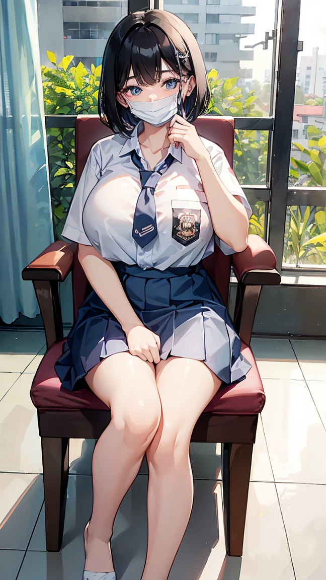 1 woman, , (Korean Wolf Cut haircut, black hair), scared face expression, plump body, blue eyes, Indonesian high-school uniform, (wearing transparent white shirt, showing bra), osis logo on shirt pocket, huge XL breasts, light-grey pleated skirt, sitting on a chair, seductive pose, full body shot, smiling, in the classroom, ((white mask_pull)).