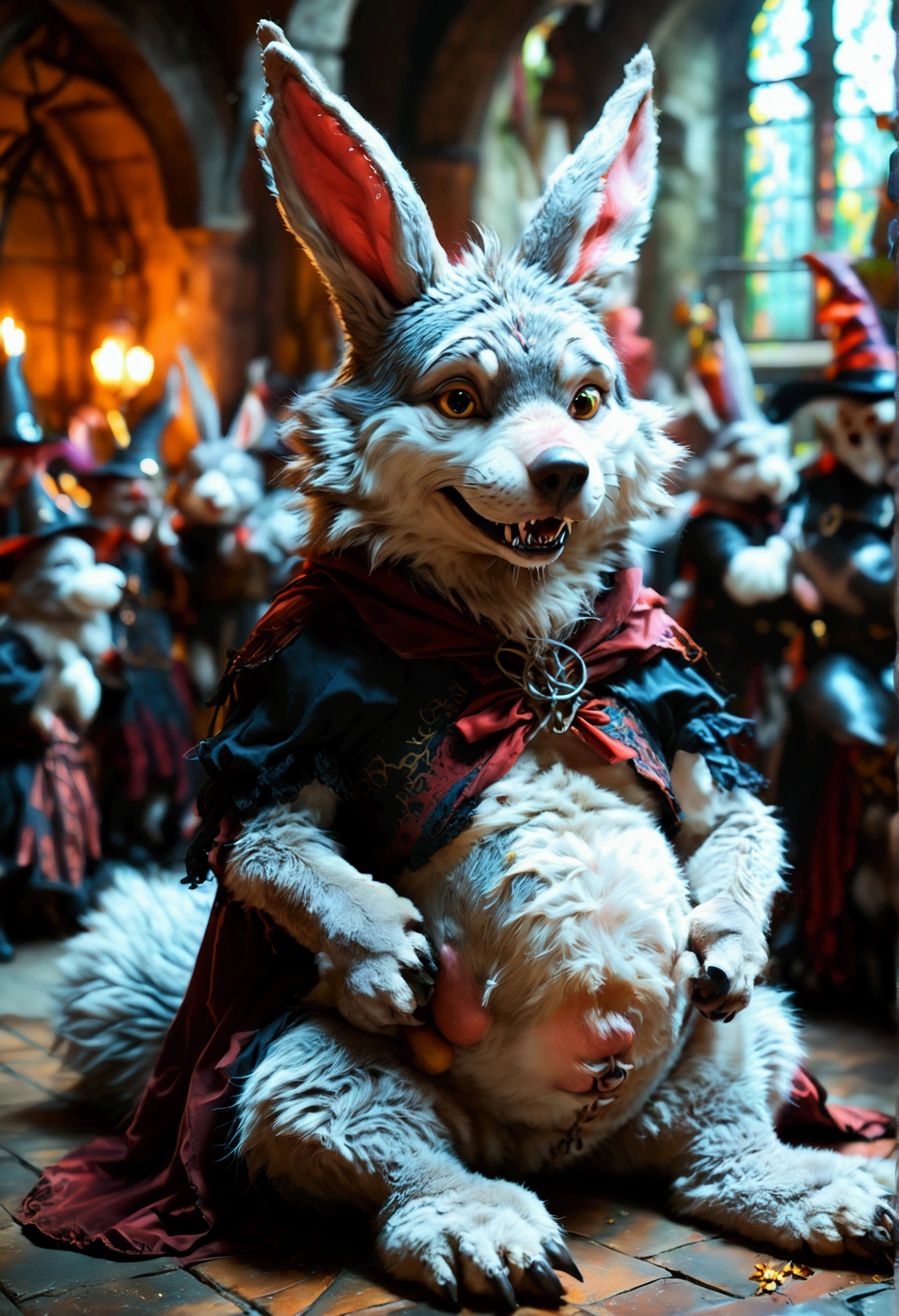(((1 male anthropomorphic wolf))). (((Crowd of anthropomorphic female rabbits dressed as scary witches))). (((No humans))). (((Many female anthropomorphic rabbits are tickling a lone male anthropomorphic wolf's belly))). The anthropomorphic wolf is lying flat on his back spread eagle. They dance next to the large and bloated belly of a shocked anthropomorphic wolf who is restrained to the ground. photo realistic style. dark medieval dungeon. (((The anthropomorphic rabbits try to touch the anthropomorphic wolf's extremely large erect penis and extremely large testicles located on the anthropomorphic wolf))). side view. Full body shot of anthropomorphic wolf. Male anthropomorphic wolf has large soft pot belly. Anthropomorphic wolf belly focus view. Correct anatomy. NSFW. (((Only the anthropomorphic male wolf is nude))), everyone else wears female clothes. Sexual acts. Lewd acts.