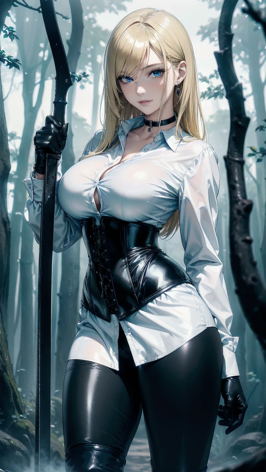 masterpiece, Superior image quality, high resolution, 4k image,photo and gross, photorealistic, 1 young blonde girl of 15 years, {Alone},{{{vagina}}}, big breasts, beautiful face, long black hair, blue eyes, very detailed eyes, seductive expression, draw smile, choker:1.6, (long sleeve white collar buttoned shirt), black gloves, gloves covering hands, (wielding a sword with the right hand), (black leather corset), (shiny black leggings), (Black leather boots), sensual lips , show details in the eyes, view from front, looking at the viewer, walking on a wooded trail, dark forest, at night, Atmosphere, fog
