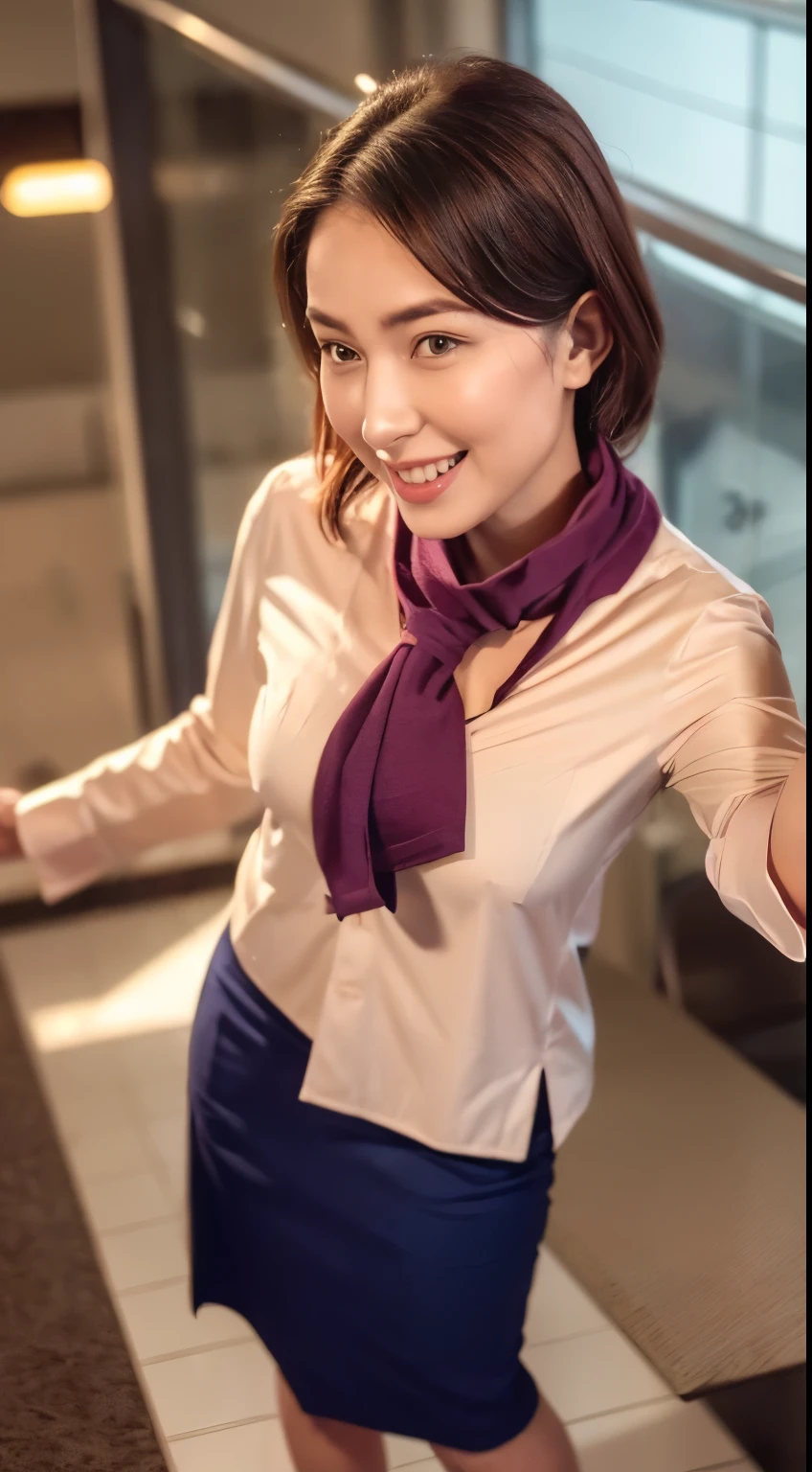 (8k, Highest quality, masterpiece:1.2), (Realistic, photo-Realistic:1.37), (High color saturation:1.0), (Very detailed肌), (Highest quality:1.0), (Ultra-high resolution:1.0) ,(Realistic:1.0), (Very detailed:1.0), (8k, RAW Photos:1.1)、Standing Random Pose, smile, Natural Breasts, Perfect lighting, 36 only, (mysterious), Clear and detailed, ((Japanese_office_uniform, flare skirt, sexy_blouse, flight attendant_Neck scarf)), (indoor office, escalator), Surprised face, ((See the viewer behind)), ((Low angle photo)), (the sexy_Her shorts are visible under her skirt), Browsing Caution, Inverted nipples,