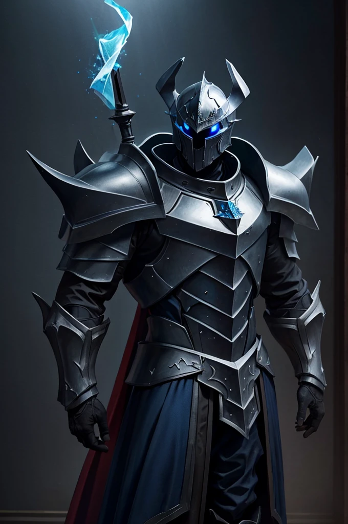 Knight, man, no girls, dark armor with blue flames, holding a mass ornamented with rays, closed helmet