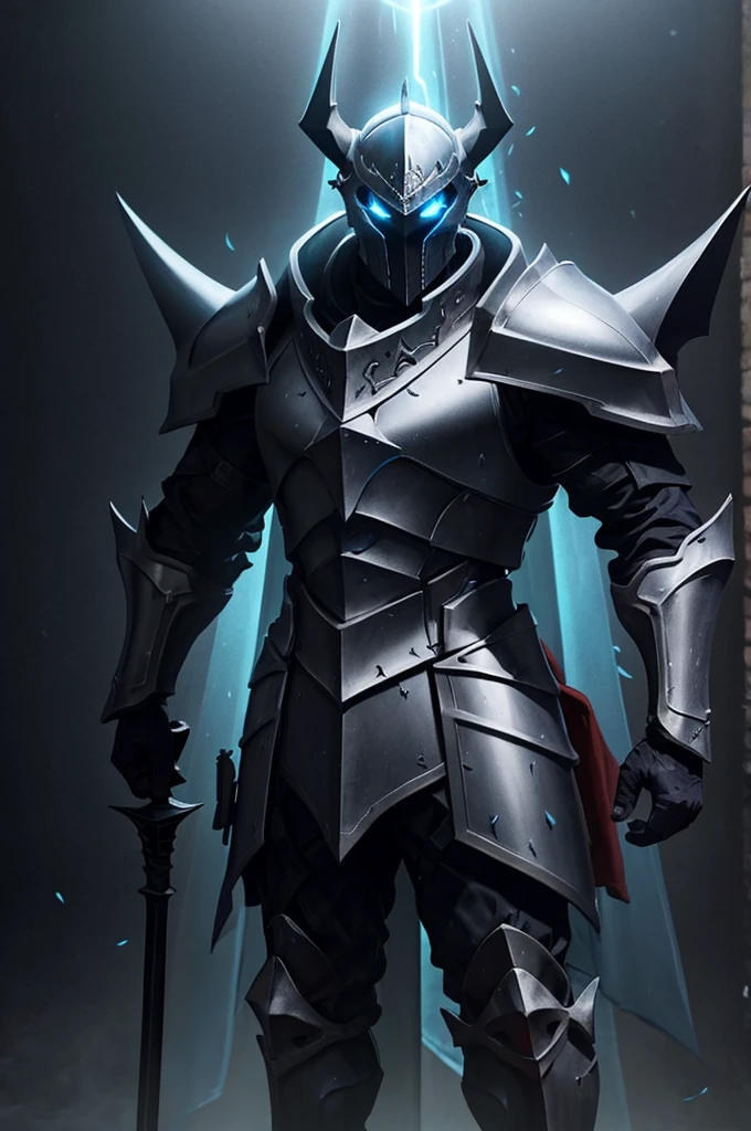 Knight, man, no girls, dark armor with blue flames, holding a mass ornamented with rays, closed helmet