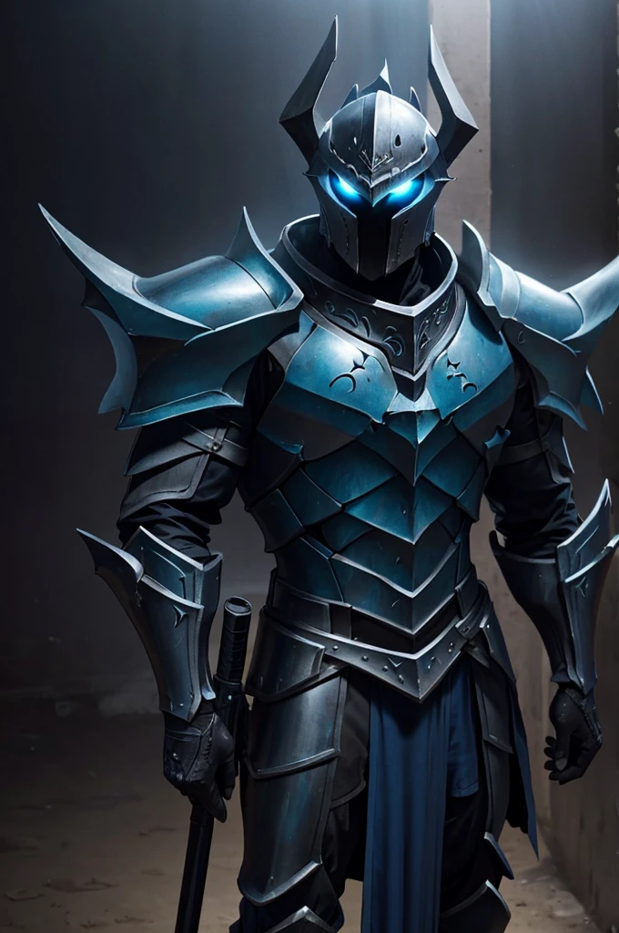 Knight, man, no girls, dark armor with blue flames, holding a mass ornamented with rays, closed helmet