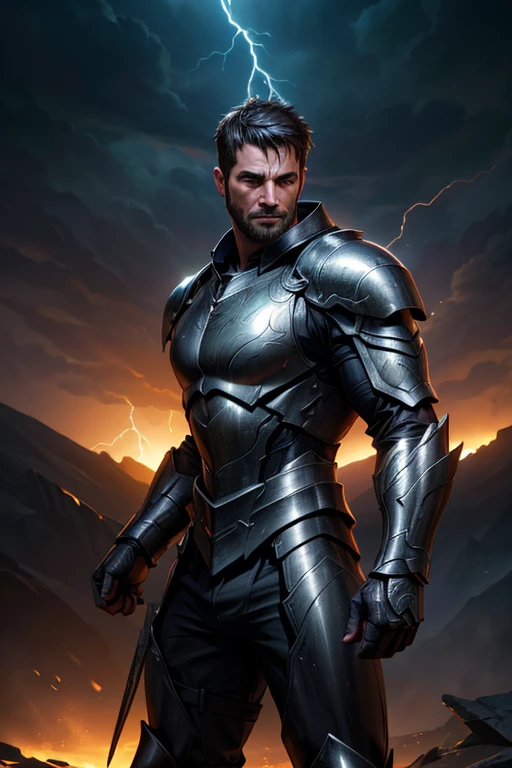 a man's face with lightning and thunder, black smooth armor, supreme god, anger, fury, (best quality,4k,8k,highres,masterpiece:1.2),ultra-detailed,(realistic,photorealistic,photo-realistic:1.37),HDR,UHD,studio lighting,ultra-fine painting,sharp focus,physically-based rendering,extreme detail description,professional,vivid colors,bokeh,digital art,concept art,cinematic lighting,dramatic lighting,dramatic atmosphere,dark moody