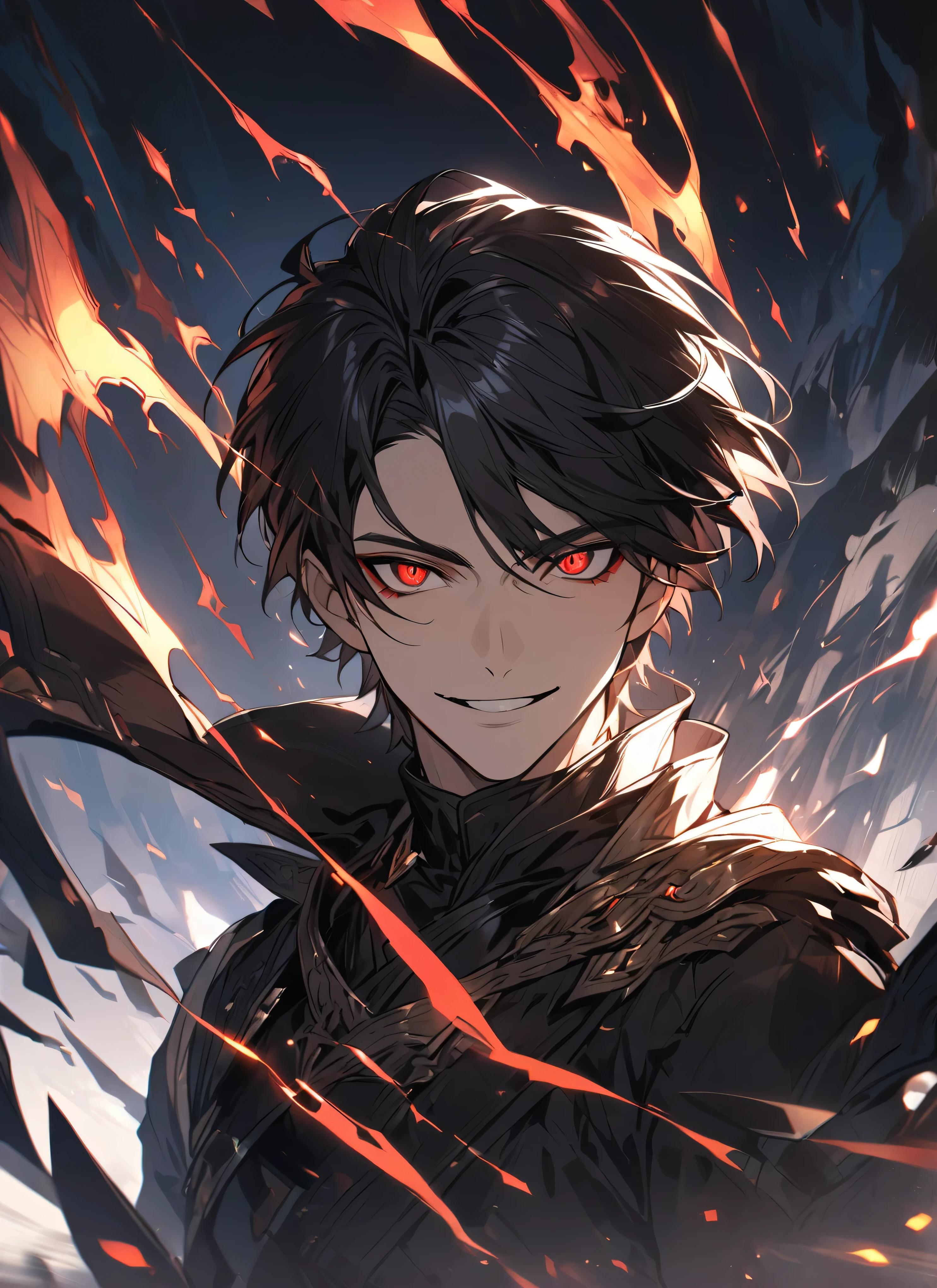 handsome, solo, 1 male, short hair, black hair, sharp eyes, red eyes, black clothes, lighting, fantasy, smile facial.