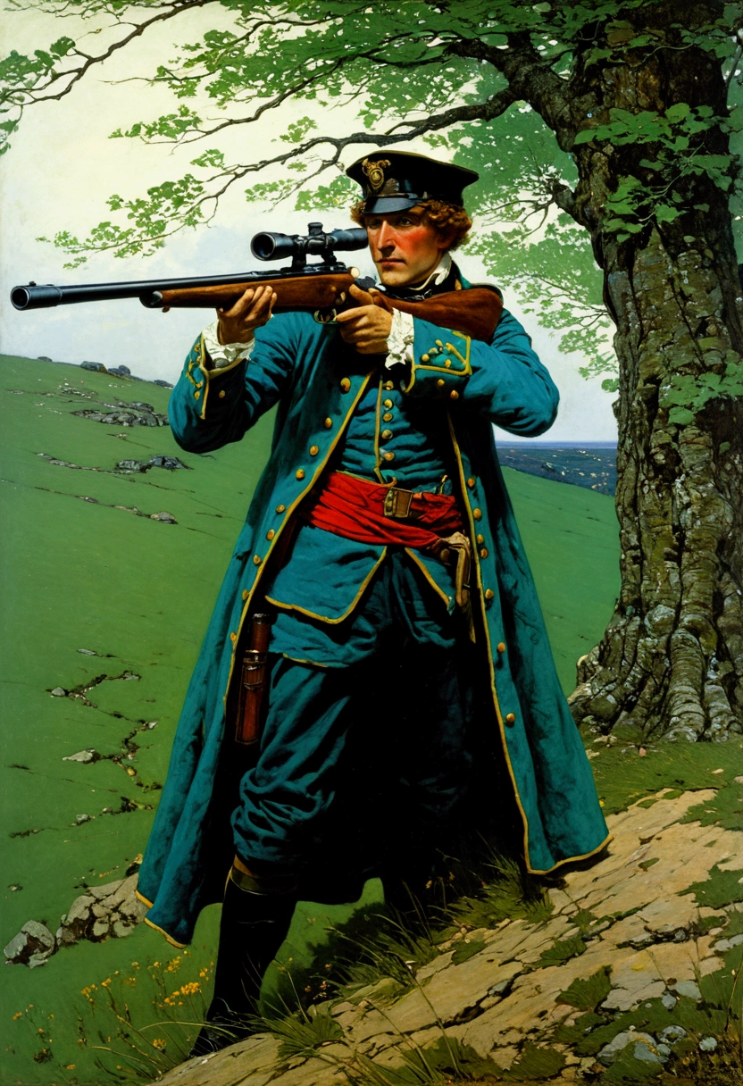 aiming Sniper, by Howard Pyle, full body, cinematic still, (best quality, masterpiece), very aesthetic, perfect composition, intricate details, ultra-detailed, vivid colors