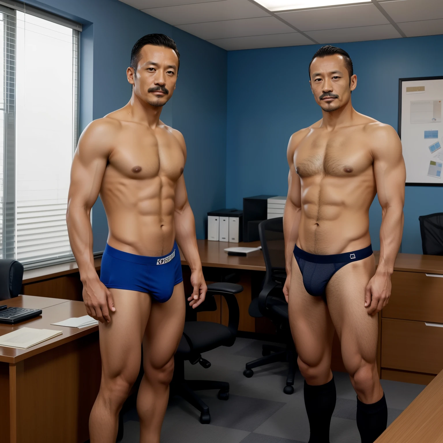 40 years old,Hidetoshi Nakata,(Kogoro Mori 1.3),Two skinny muscular men standing,office,whole body,Black socks,Thick body hair,Blue underwear,Topless,Densely hairy,Fortitude,HD,With a mustache,Polo Shirt
