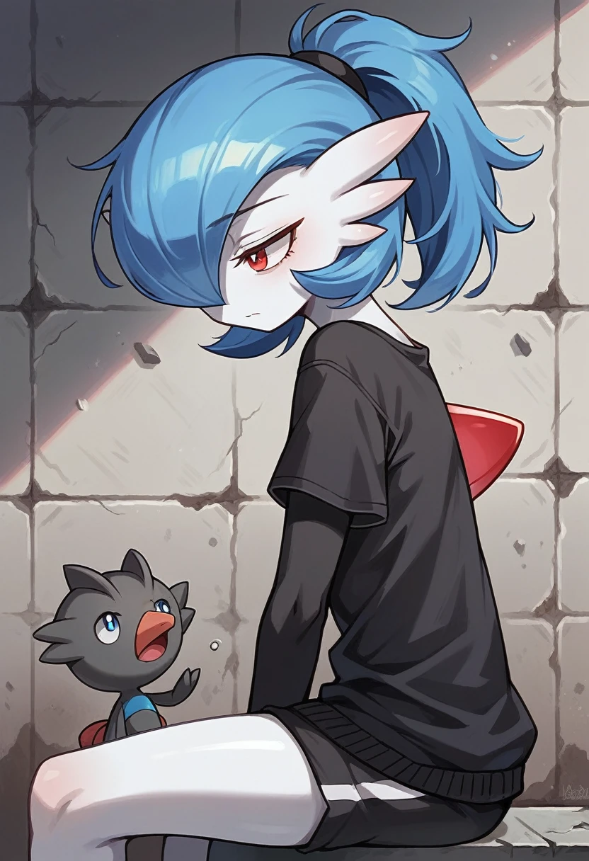 1 girl, Alone, Masterpiece, better_quality, Photoshoot, looking to the camera, young adult gardevoir, tired expression, Pokémon, Pokémon (Game), Game freak, nintendo, (Porcelain skin), Blue eyes, (black fur), (messy hair in ponytail), Black cardigan, loose t-shirt, black sports pants, gen 3 Pokémon, Pokémon (creature), White skin, concrete background, Propensity