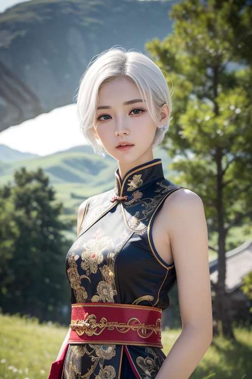 ((masterpiece,Highest quality)), 8k, High resolution, Wide grassland,Mountains in the distance,One girl, alone, Age 25,(short hair),(White Hair),(Finger Wave),((small breasts:1.2)),(Slender body:1.2),(Grim expression),Highly detailed skin and facial textures:1.3, Ultra-detailed, Detailed hands and fingers, Detailed eyes, ((Chinese ethnic minority costumes)),Cute and slim goddess, Fair skin, The depth of the written world is shallow,Background blur,(Calm:0.9, Totally captivates you:1.0),