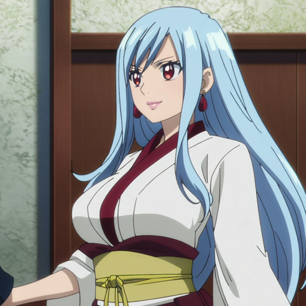 1girl, female, anime screen cap, erza from fairy tail, fairy tail anime artstyle , solo, long_hair, ((red universal eyes)) ((White_hair)), sunny, upper_body, smile, lips, (long hair) ((wearing Japanese cloths)) breast, "very detailed and high resolution" ((solo)) (((front view))) (earings) ((high resolution)) ((good quality)) ((silky hair))