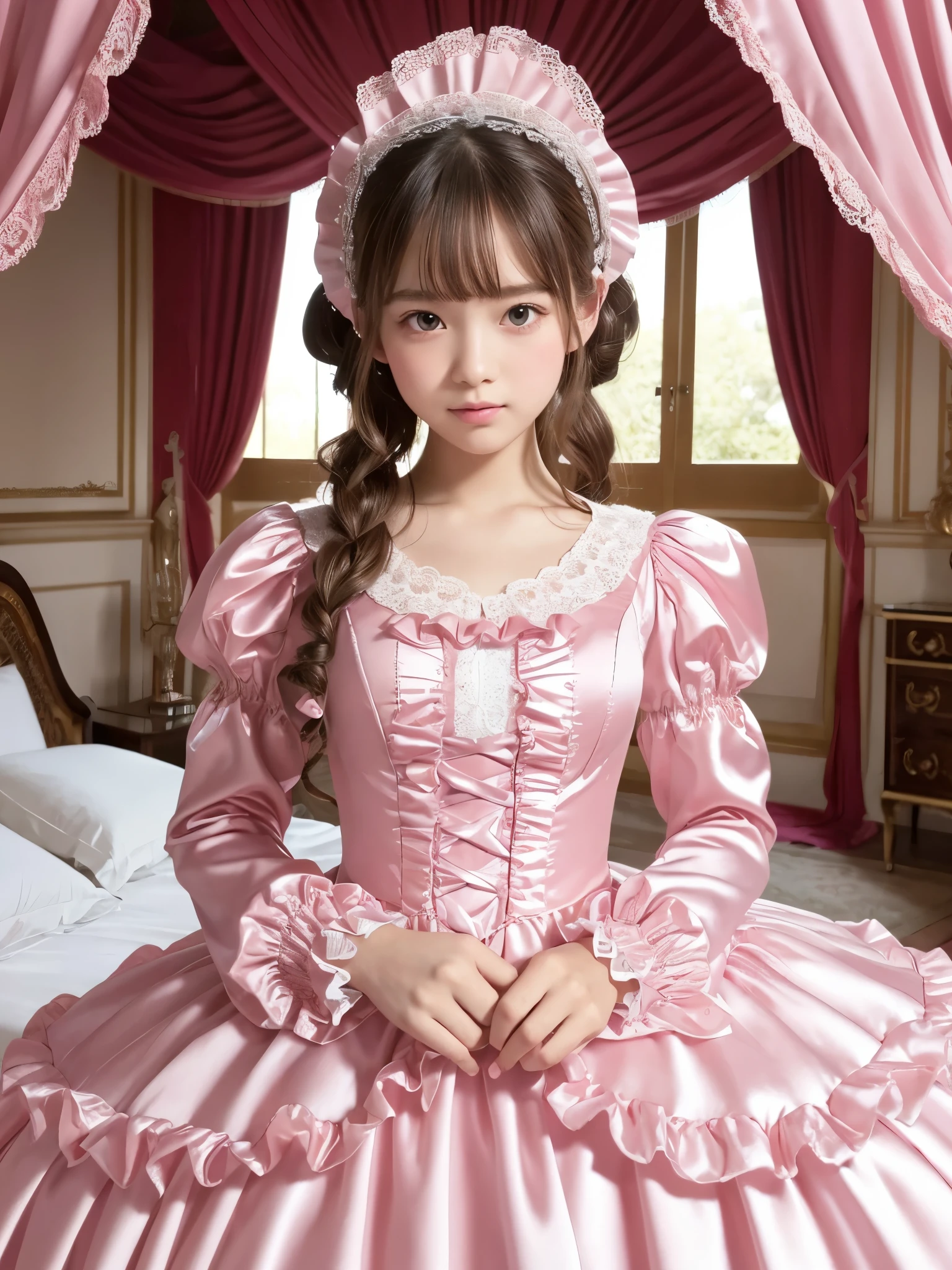 highest quality, masterpiece, highest resolution, artwork, super それにget used to it, many get used to it, get used to it, それにget used to it, 3k realistic pictures,,((10 year old little girls)),Ultra-detailed juvenile face,ultra-detailed beautiful little girls,girls are princess,full length ball gown dress with hoop skirt,ruffled yoke collar,puff sleeves,long sleeve,((Lolita style hot pink detailed princess satin dress with lots of ruffles and ribbons)),Rococo style lolita fashion,shiny satin dress,Soft and smooth fabric,detailed princess dress,luxury,long blonde hair,blue eyes,white skin european,Pajama,((in the bedroom of the palace)),luxury princess canopy king size pink bed,shiny satin sheets,ultra-detailed princess bed,High-quality background,lot of frilled pillows,on the bed,