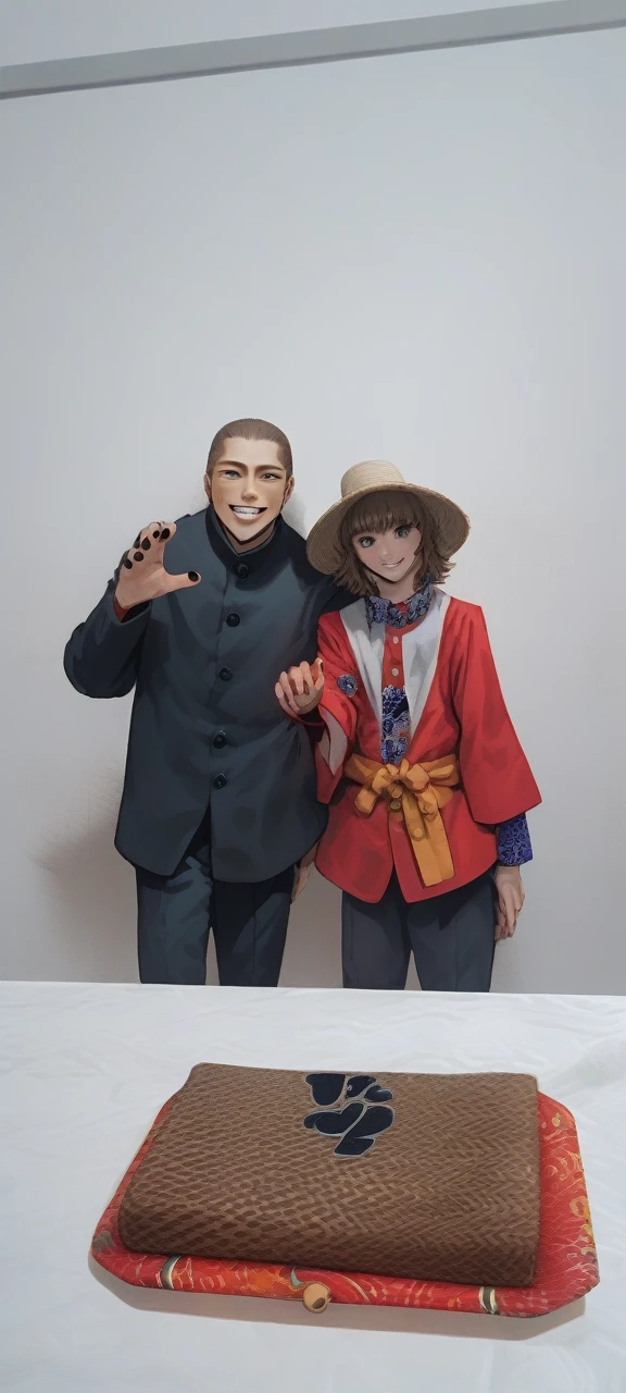 Nobara, 1girl,solo,looking at viewer,smile,short hair,bangs,brown hair,brown eyes,,jacket,upper body,teeth,grin,swept bangs,portrait,gakuran,nail,kugisaki nobara