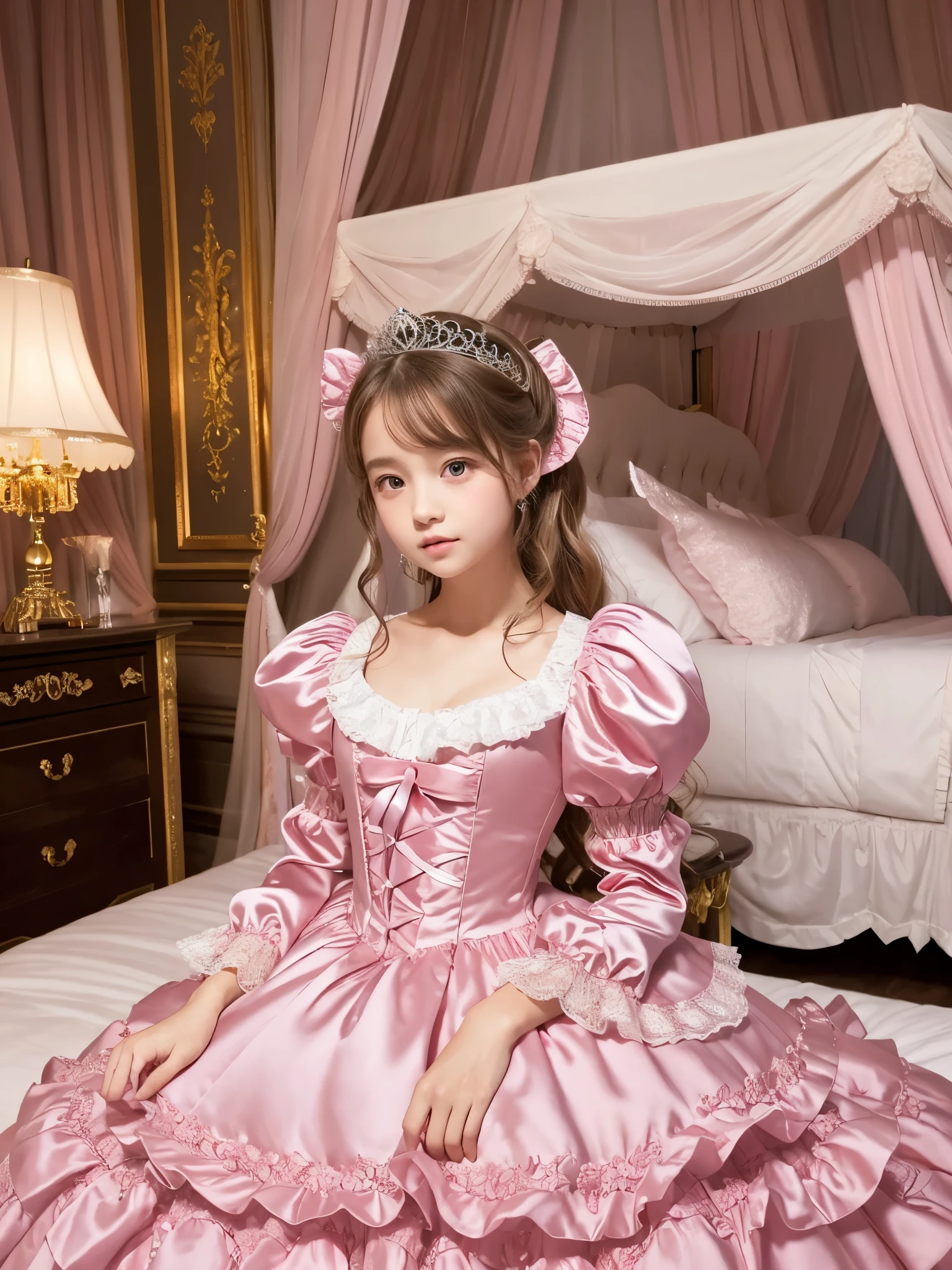 highest quality, masterpiece, highest resolution, artwork, super それにget used to it, many get used to it, get used to it, それにget used to it, 3k realistic pictures,,((10 year old s)),Ultra-detailed juvenile face,ultra-detailed beautiful little girl princess,full length ball gown dress with hoop skirt,ruffled yoke collar,puff sleeves,long sleeve,((Lolita style hot pink iled princess satin dress with lots of ruffles and ribbons)),Rococo style lolita fashion,shiny satinss,Soft and smooth fabric,detailed princess dress,luxury,long blonde hair,blue eyes,white skin european,Pajama,((in the bedroom of the palace)),luxury princess canopy king size pink bed,shiny satin sheets,ultra-detailed princess bed,High-quality background,lot of frilled pillows,on the bed,