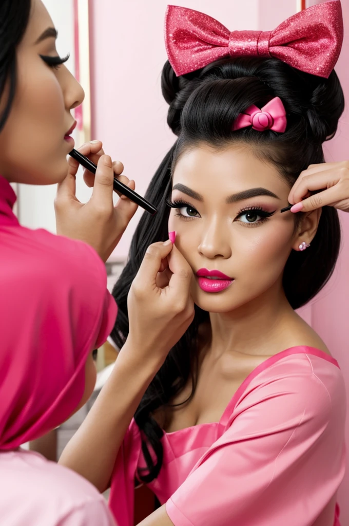 Hello Kitty baddie putting on makeup in vanity
