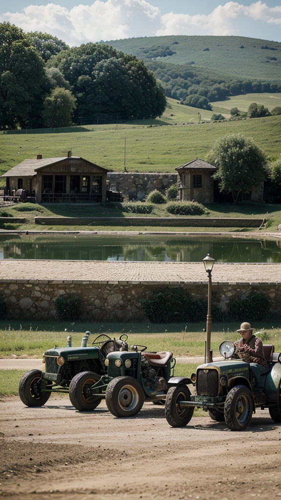 Vintage car meeting tractor and motorcycle at the bathing lake